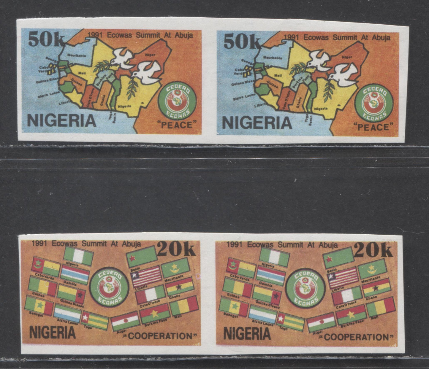 Nigeria SC#581var-582var 1991 Ecowas Summit Issue, 2 VFNH Imperf Horizontal Pairs, Click on Listing to See ALL Pictures, Estimated Value $8 USD