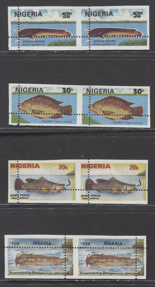 Nigeria SC#583var-586var 1991 Fish Issue, 4 VFNH Horizontal Pairs With Misperfs & Imperfs, Click on Listing to See ALL Pictures, Estimated Value $20 USD