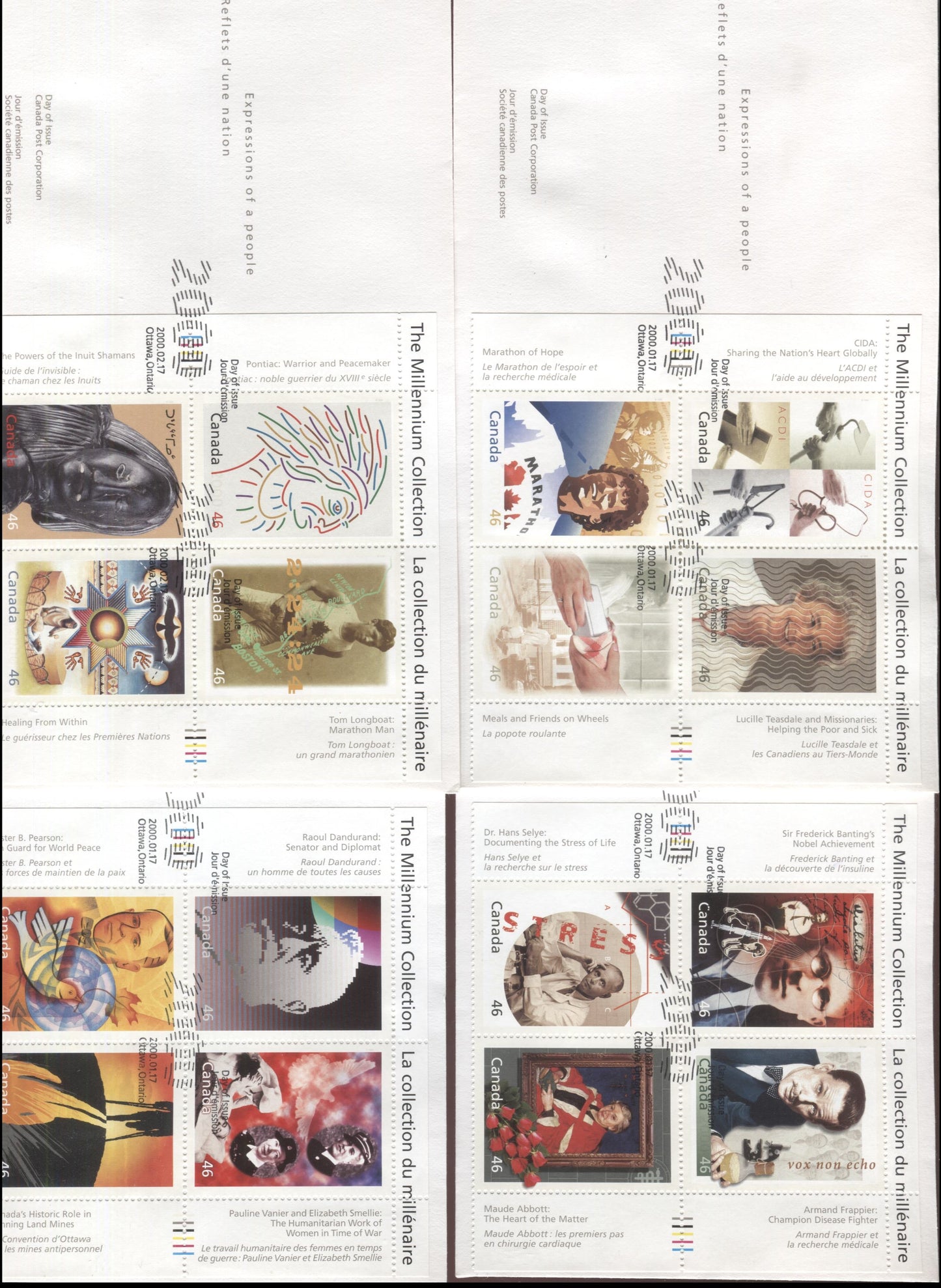 Lot 248 Canada #1822-1825 46c Multicolored Medical Innovators - Humanitarians, 2000 Millenium Issue, 4 VFNH Covers