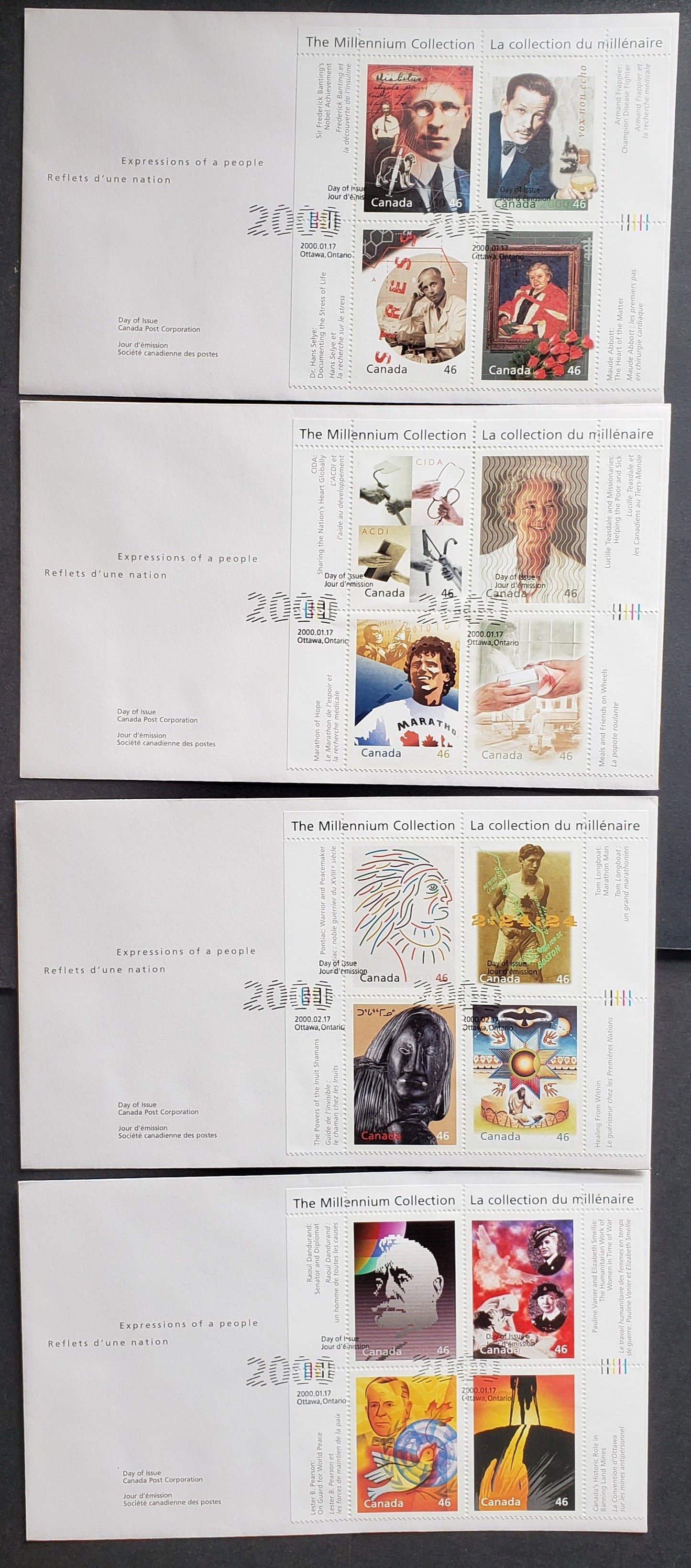 Lot 248 Canada #1822-1825 46c Multicolored Medical Innovators - Humanitarians, 2000 Millenium Issue, 4 VFNH Covers