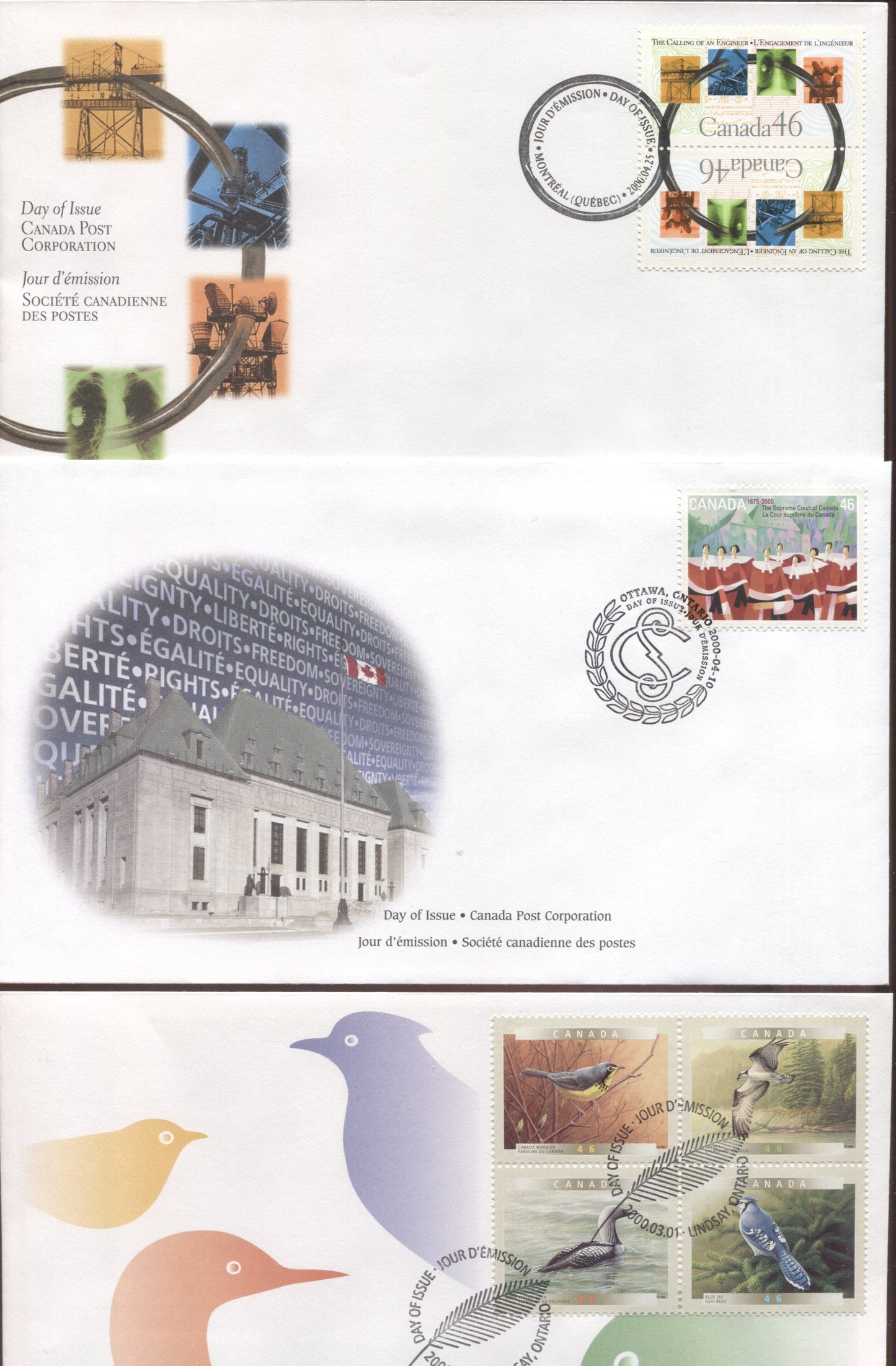 Canada #1842a, 1847, 1848a 46c Multicolored Canadian Warbler - Engineering Achievements, 2000 Birds Of Canada - Calling Of An Engineer Issues, 3 VFNH First Day Covers