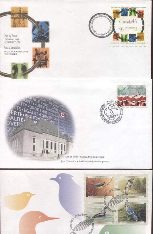 Canada #1842a, 1847, 1848a 46c Multicolored Canadian Warbler - Engineering Achievements, 2000 Birds Of Canada - Calling Of An Engineer Issues, 3 VFNH First Day Covers