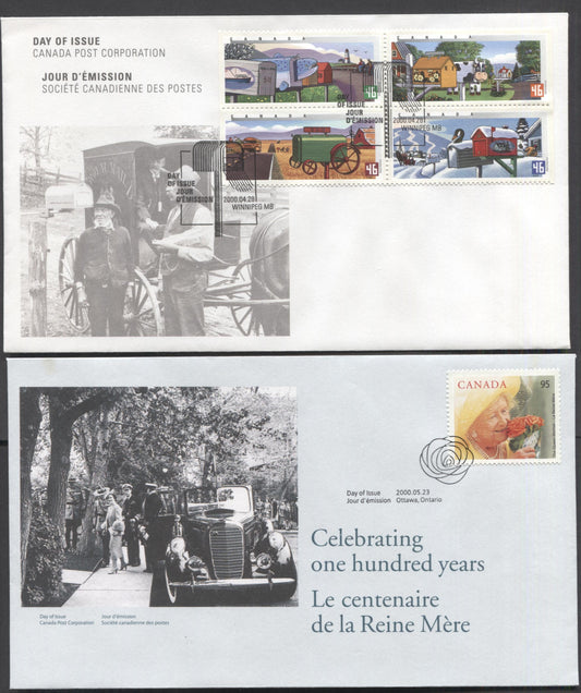 Canada #1852a, 1856 46c & 95c Multicolored Ship, Fish, House Designs & Elizabeth, The Queen Mother, 2000 Rural Mailboxes & Queen Mothers 100th Birthday Issues, 2 VFNH First Day Covers