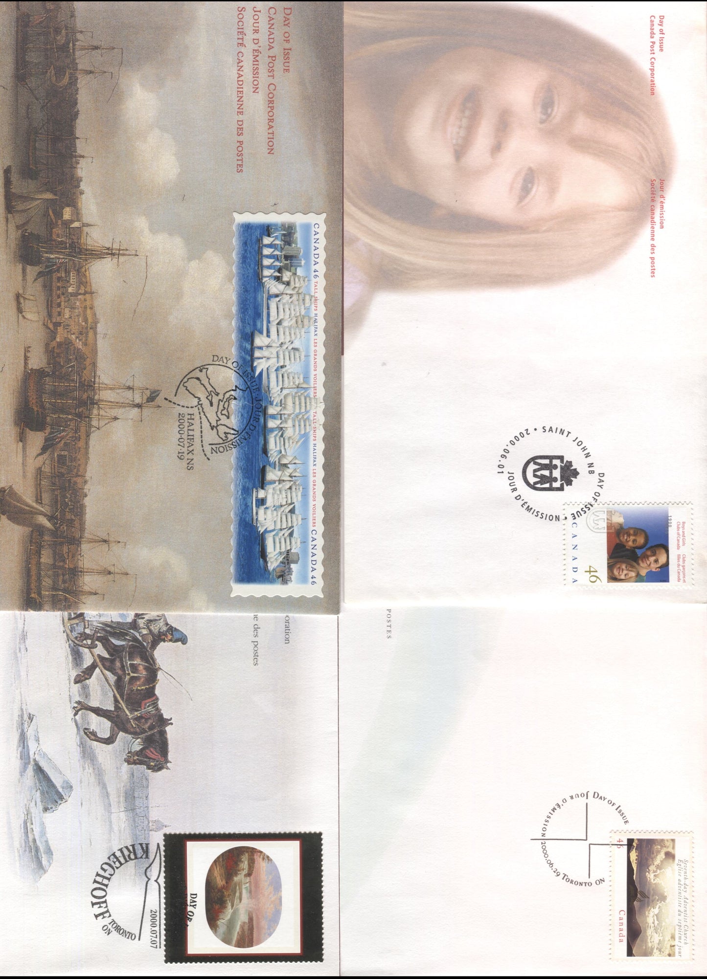 Canada #1857, 1858, 1863, 1865a 46c & 95c Multicolored Three Club Members - Tall Ships, 2000 Boys & Girls Club - Tall Ships Issues, 4 VFNH First6 Day Covers
