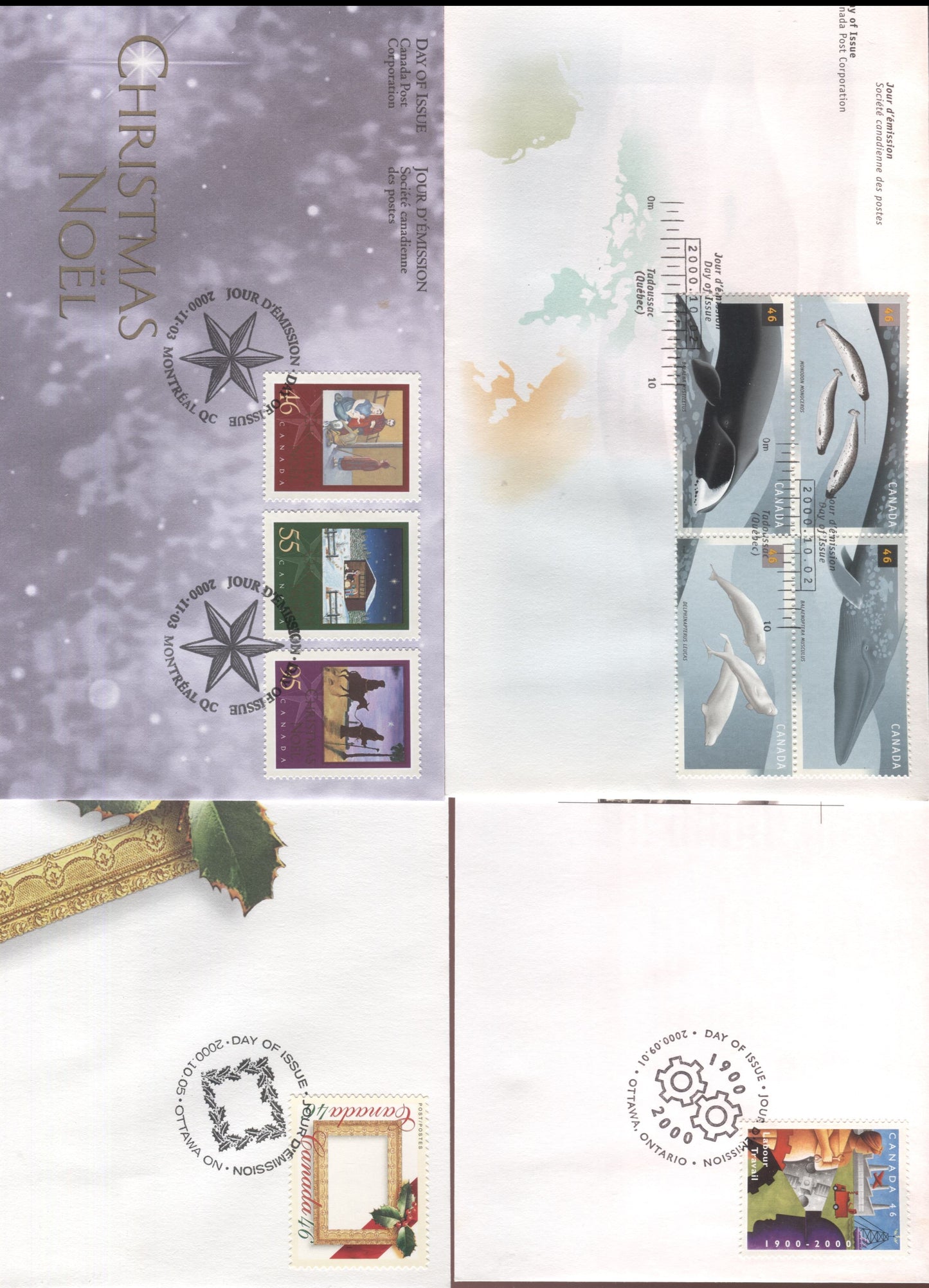 Canada #1866, 1871-1875 46c, 55c & 95c Multicolored Labour & Industry - Flight Into Egypt, 2000 Department Of Labour Centennial - Christmas Issues, 4 VFNH First Day Covers