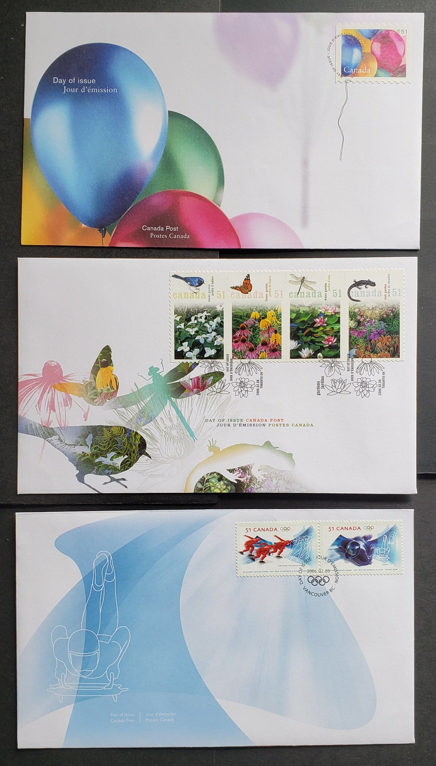 Canada #2143-2146 51c Multicolored Team Pursuit Speed Skating - Balloons, 2006 XX Olympic Winter Games - Birthday Issues, 3 VFNH First Day Covers