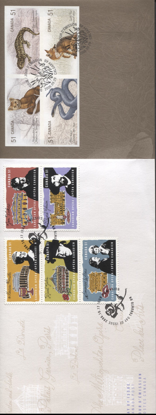 Canada #2177a, 2182a 51c Multicolored Newfoundland Martin - Edward Johnson, 2006 Endangered Wildlife & Opera Issues, 2 VF FDC's, Only 26,000 Of Each Produced