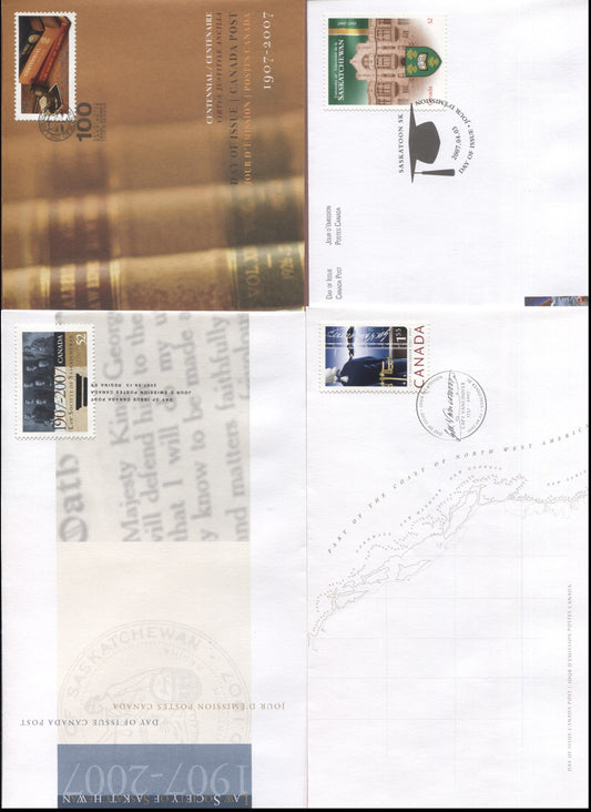Canada #2210, 2219, 2227-2228 52c & $1.55 Multicolored University Of Saskatchewan - Law Sociery Of Alberta, 2007 Higher Learning - Law Society Centennial Issues, 4 VF FDC's, Likely 26,000 Or Less Of Each Produced