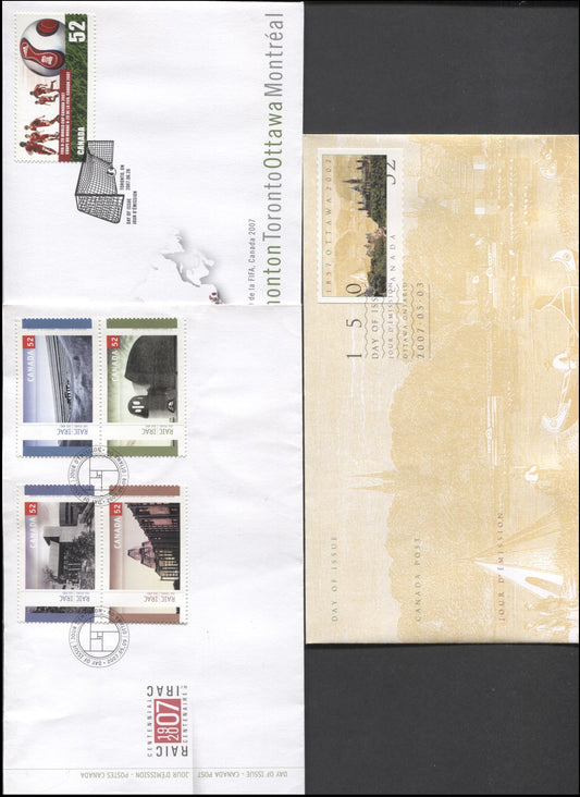 Canada #2214, 2218, 2220 52c Multicolored Ottawa Skyline & Soccer Players & Ball, 2007 Ottawa Sesquicentennial - FIFA U-20 World Youth Championship Issues, 3 VF FDC's, Likely 26,000 Or Less Of Each Produced