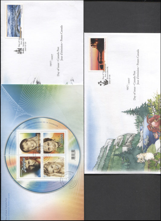 Canada #2221, 2223-2224 52c Multicolored Gordon Lightfoot - Jasper National Park, 2007 Canadian Recording Artists - National Parks Issues, 3 VF FDC's, Likely 26,000 Or Less Of Each Produced