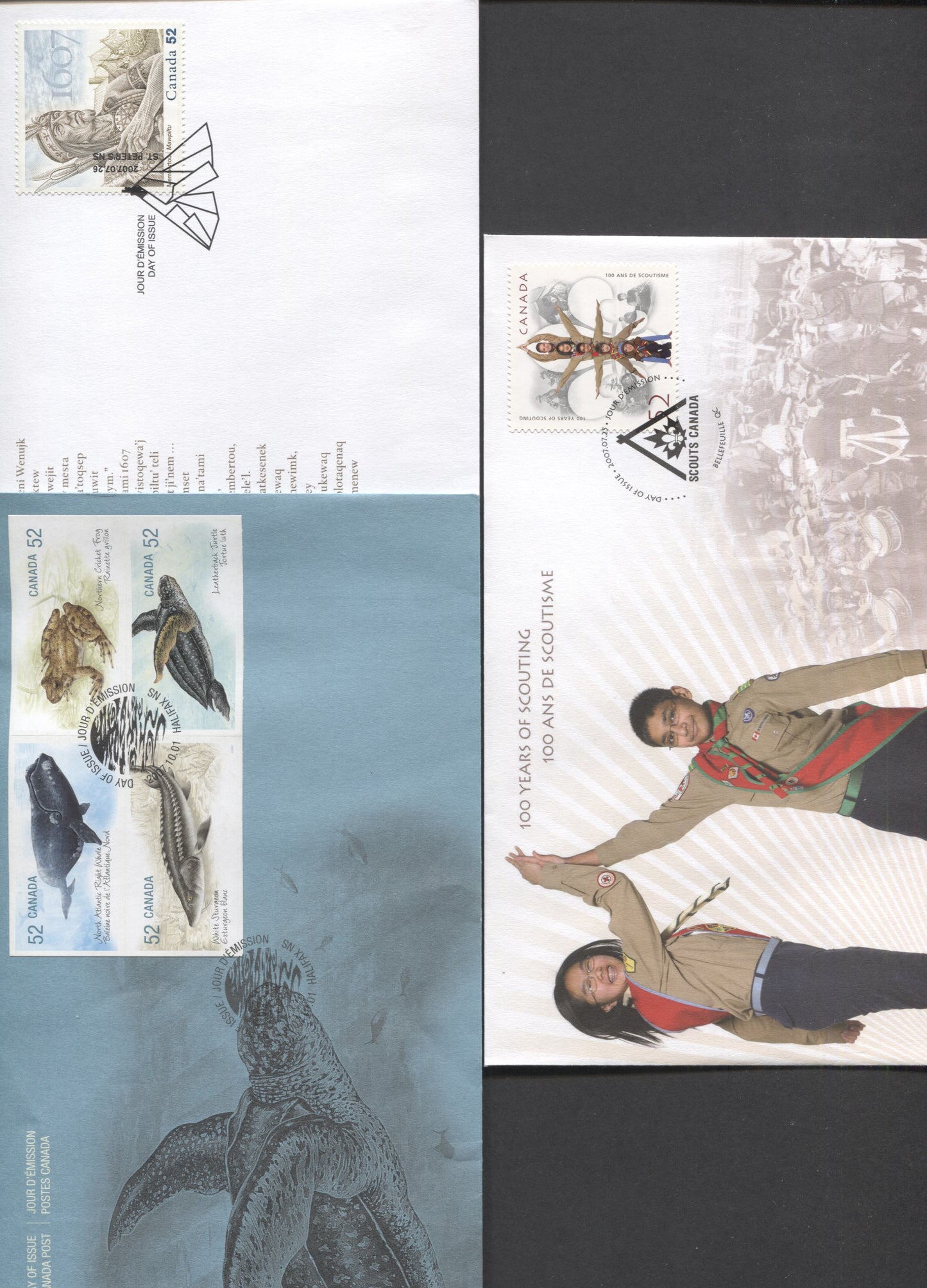 Canada #2225-2226, 2233 52c Multicolored Organization Logo - Leatherback Turtle, 2007 100 Years OF Scouting - Endangered Species Issues, 3 VF FDC's, Likely 25,000 Or Less Of Each Produced