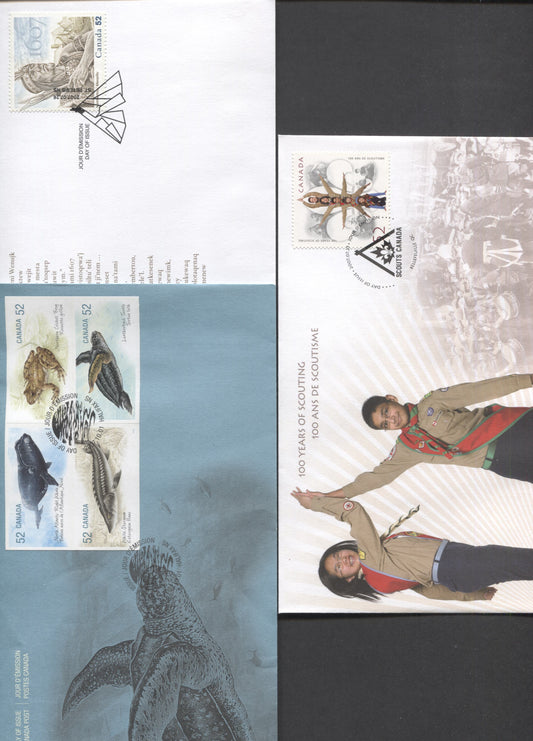 Canada #2225-2226, 2233 52c Multicolored Organization Logo - Leatherback Turtle, 2007 100 Years OF Scouting - Endangered Species Issues, 3 VF FDC's, Likely 25,000 Or Less Of Each Produced