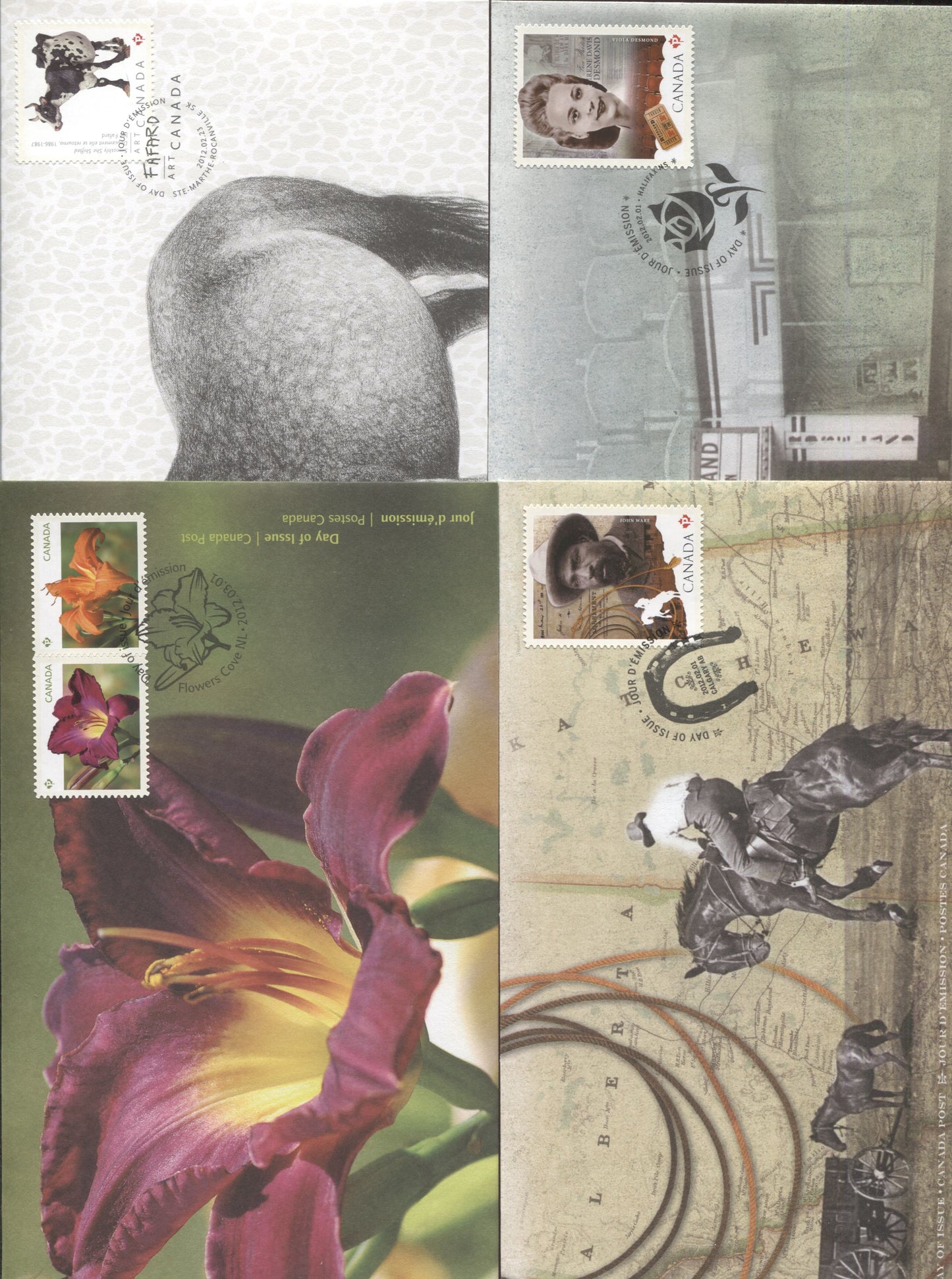 Canada #2520-2521, 2529-2530 P(61c) & $1.80 Multicolored, 2012 Black History Month - Daylilies Issues, 4 VF FDC's, Likely 20,000 Or Less Of Each Produced