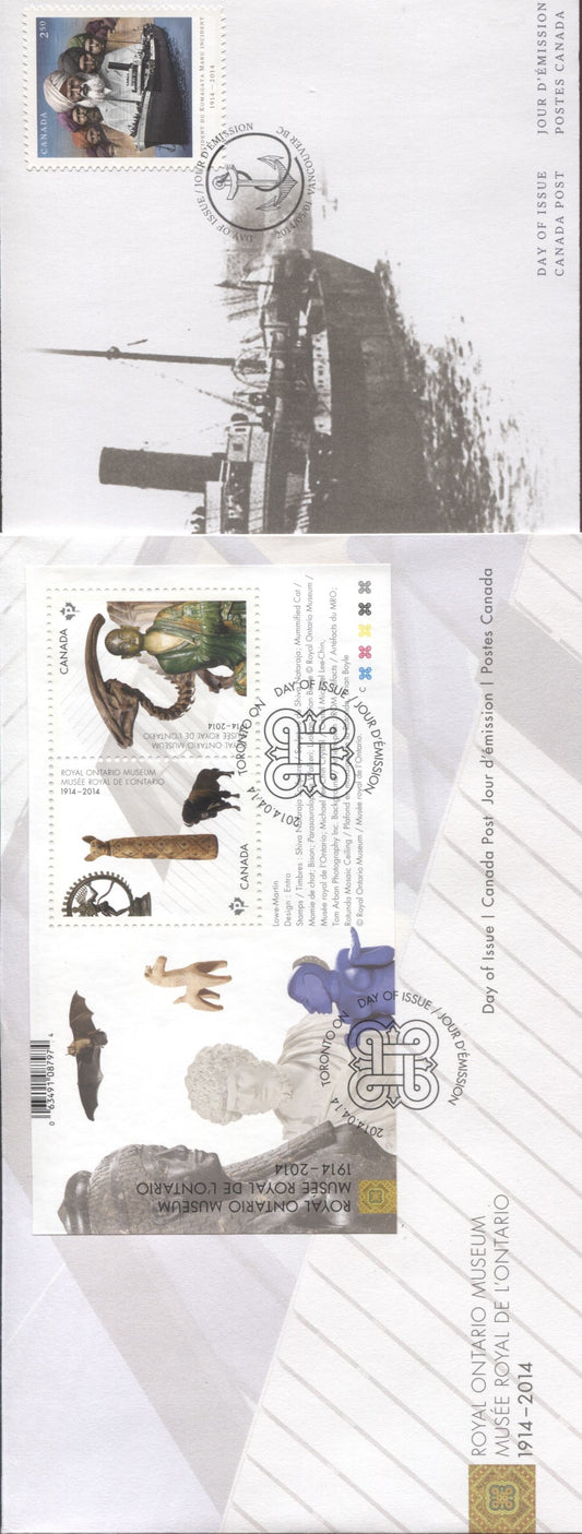 Canada #2724, 2732 P(85c) Multicolored, 2014 Royal Ontario Museum & Komagata Maru Issues, 2 VF FDC's, Only 150,000 ROM Sheets Printed, So The Number Of Covers Printed Likely Between 13,000 - 16,000