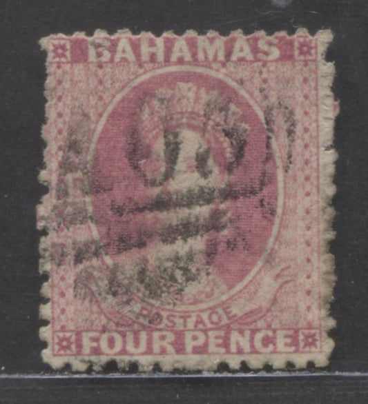 Lot 48 Bahamas SC#13 4d Rose 1863-1865 Chalon Heads Issue, Perf 12.5, Crown CC Wmk, A VG/F Used Single, Click on Listing to See ALL Pictures, Estimated Value $25 USD