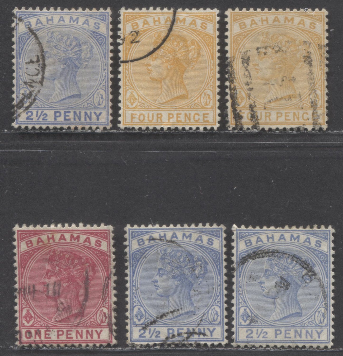 Lot 50 Bahamas SC#27b-29 1884-1890 Queen Victoria Keyplate Issue, Includes 3 Slightly Different Shades Of Ultramarine, 6 Very Fine Used Singles, Click on Listing to See ALL Pictures, 2022 Scott Classic Cat. $27.5 USD