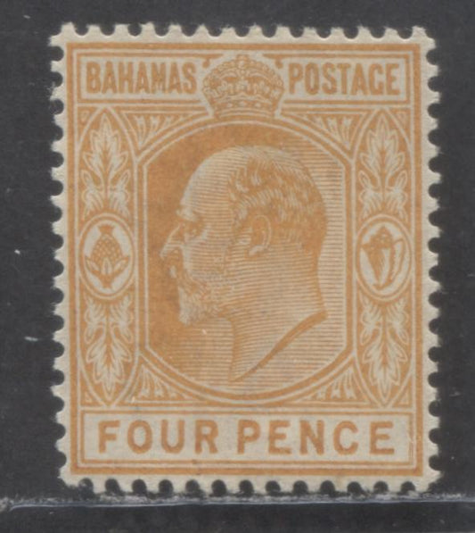 Lot 52 Bahamas SC#39 4d Orange 1902-1906 Edward VII Issue, Crown CA Wmk, A VFVLH Single, Click on Listing to See ALL Pictures, 2022 Scott Classic Cat. $20 USD