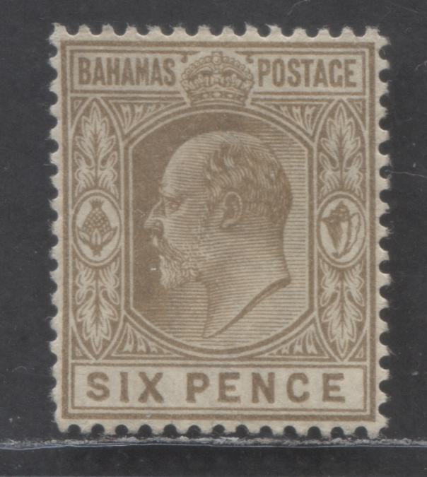 Lot 53 Bahamas SC#10 6d Bistre Brown 1902-1906 Edward VII Issue, Crown CA Wmk, A VFOG Single, Click on Listing to See ALL Pictures, 2022 Scott Classic Cat. $8.5 USD