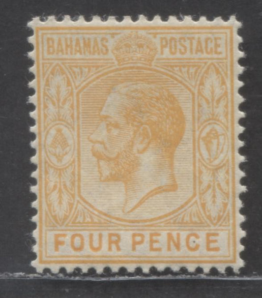 Lot 58 Bahamas SC#52a 4d Orange Yellow 1912-1919 Edward VII Issue, Multiple Crown CA Wmk, A VFLH Single, Click on Listing to See ALL Pictures, 2022 Scott Classic Cat. $7 USD