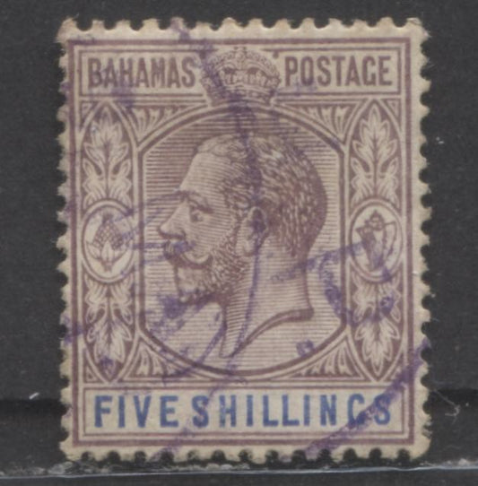 Lot 60 Bahamas SC#55a 5/- Pale Violet & Deep Blue 1912-1919 Edward VII Issue, George V Fiscal Cancel, Multiple Crown CA Wmk, A Fine Used Single, Click on Listing to See ALL Pictures, Estimated Value $15 USD