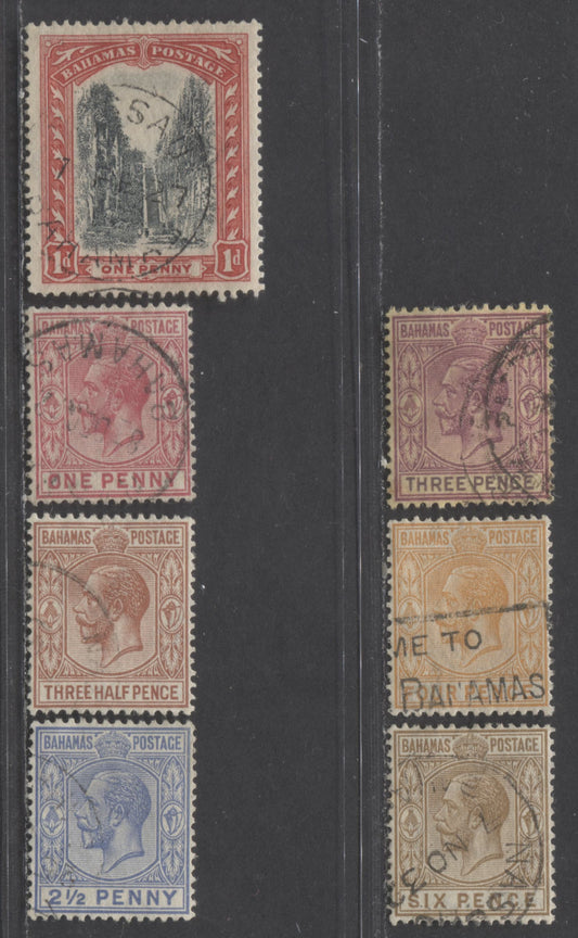 Lot 61 Bahamas SC#71/79 1921-1934 KGV Issue, Script CA Wmk, 7 F/VF Used Singles, Click on Listing to See ALL Pictures, 2022 Scott Classic Cat. $37.5 USD