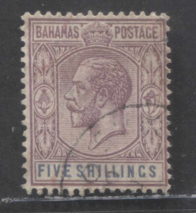 Lot 62 Bahamas SC#83 5/- Violet & Ultramarine 1921-1934 KGV Issue, Script CA Wmk, A Fine Used Single, Click on Listing to See ALL Pictures, Estimated Value $40 USD