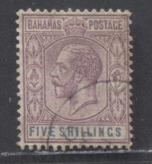 Lot 62 Bahamas SC#83 5/- Violet & Ultramarine 1921-1934 KGV Issue, Script CA Wmk, A Fine Used Single, Click on Listing to See ALL Pictures, Estimated Value $40 USD