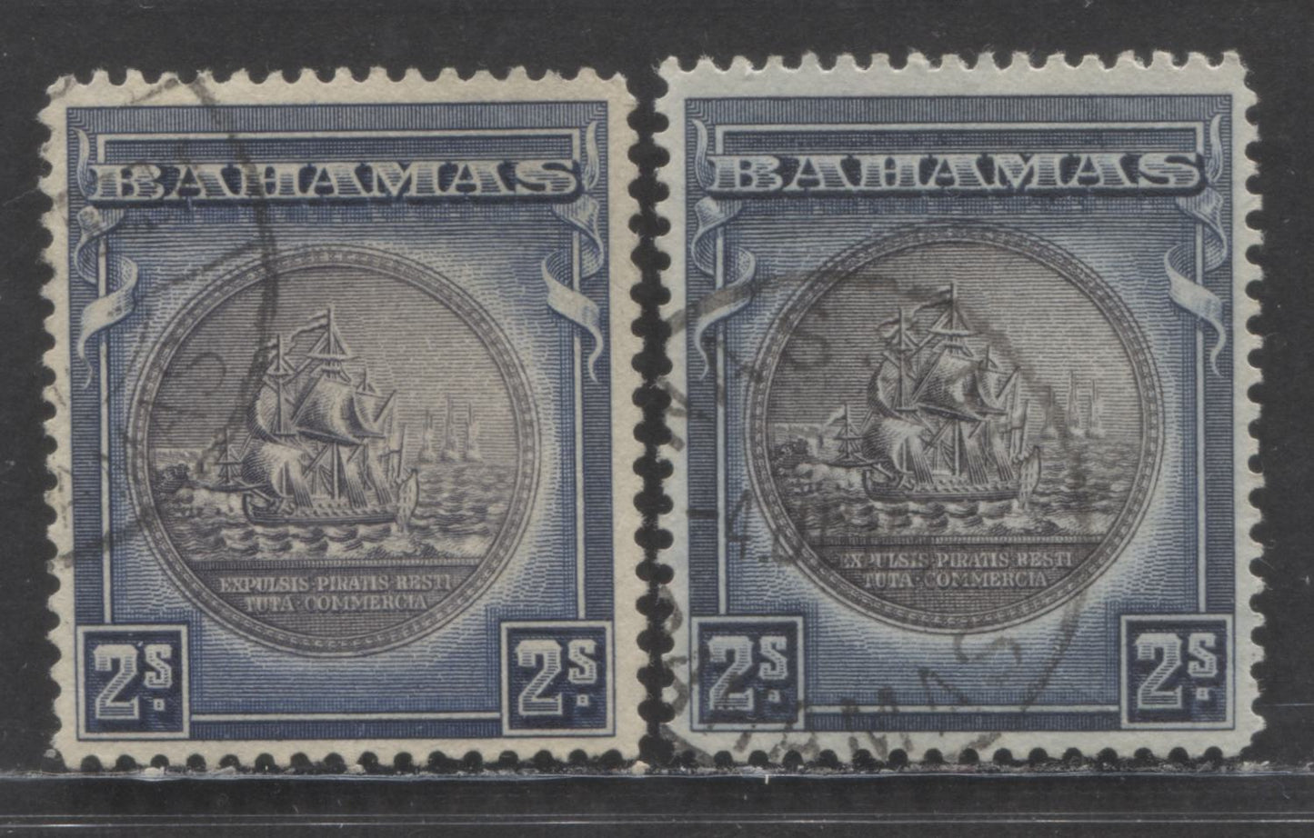 Lot 64 Bahamas SC#90b-90c 2/- Indigo Blue/Steel Blue and Slate Purple, 1931-1946 Badge Of Colony Issue, 2 Very Fine Used Singles, Click on Listing to See ALL Pictures, 2022 Scott Classic Cat. $53.25 USD