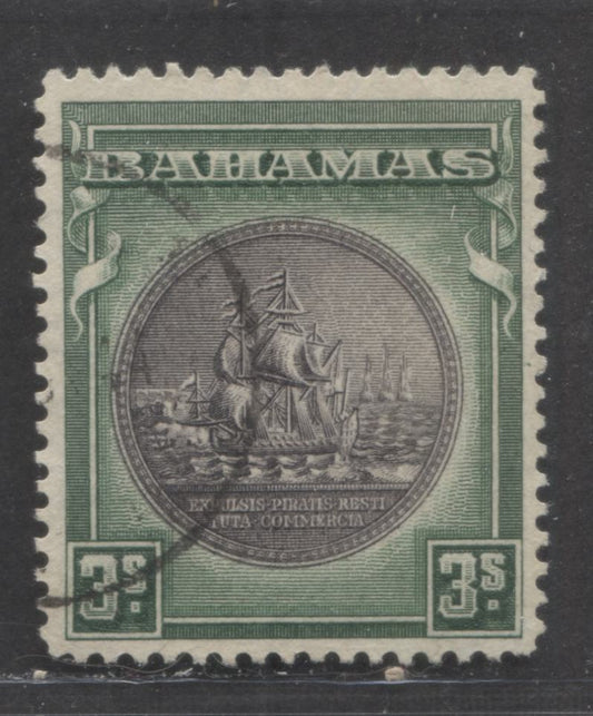 Lot 65 Bahamas SC#91a 3/- Deep Green & Slate Purple 1931-1946 Badge Of Colony Issue, A Very Fine Used Single, Click on Listing to See ALL Pictures, 2022 Scott Classic Cat. $35 USD