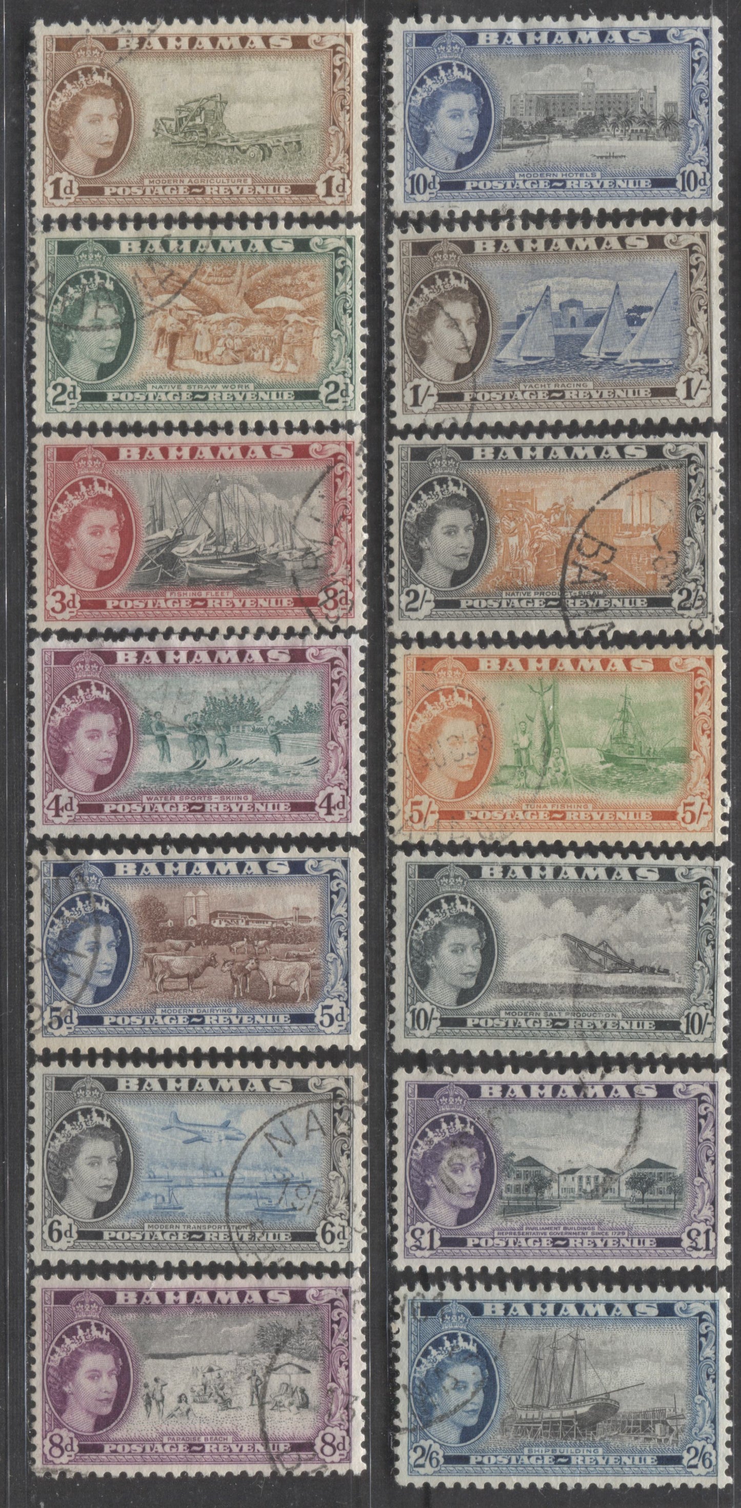 Lot 66 Bahamas SC#159/173 1954 Pictorial Definitives, 14 Fine/Very Fine Used Singles, Click on Listing to See ALL Pictures, 2022 Scott Classic Cat. $20.55 USD