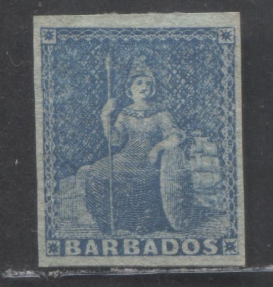 Lot 69 Barbados SC#2a 1p Blue 1852-1855 Britannia Issue, On Bluish Paper, A Very Fine Unused Single, Click on Listing to See ALL Pictures, Estimated Value $30 USD