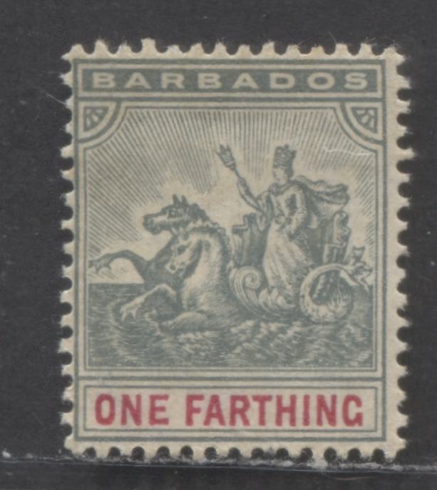 Barbados SC#90 1F Gray & Carmine 1904-1910 Colonial Badge Definitives, Multiple Crown CA Wmk, A FOG Single, Click on Listing to See ALL Pictures, Estimated Value $7 USD