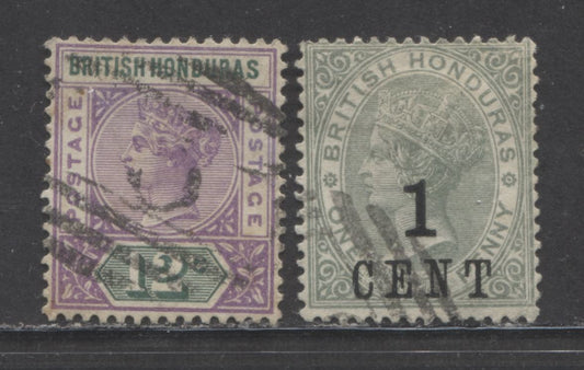 Lot 84 British Honduras SC#45a/47 1891-1892 Surcharge & Imperium Keyplate Issues, 2 Fine Used Singles, Click on Listing to See ALL Pictures, 2022 Scott Classic Cat. $9.4 USD