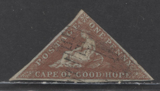 Lot 87 Cape Of Good Hope SC#1 1c Brick Red 1853 Seated Hope Issue, On Bluish Paper, 2.5 Margins, A Good Used Single, Click on Listing to See ALL Pictures, Estimated Value $50 USD