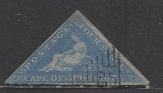 Lot 88 Cape Of Good Hope SC#2b 4c Pale Bright Blue 1853 Seated Hope Issue, On Bluish Paper, 2.5 Margins, Full At Right, Close On Other Two Sides, Die A, A Good Used Single, Estimated Value $25 USD