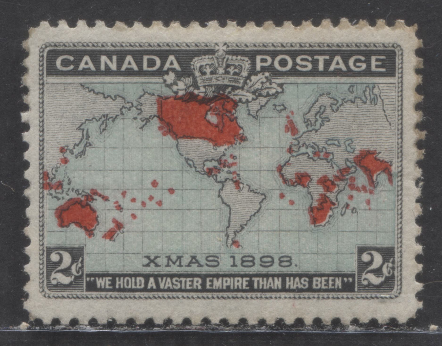 Lot 9 Canada #86var 2c Black, Blue & Carmine Mercator's Projection, 1898 Imperial Penny Postage, A FOG Single With Minor Re-entry In C Of Postage, Redistributed Gum