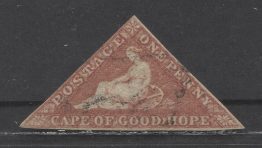Lot 91 Cape Of Good Hope SC#3a 1c Dull Red 1855-1858 Seated Hope Issue, On White Paper, Close But Clear Margins, Face Free Cancel, A Very Good Used Single, Click on Listing to See ALL Pictures, Estimated Value $105 USD