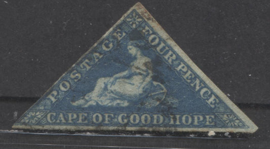 Lot 92 Cape Of Good Hope SC#4 4d Blue 1855-1858 Seated Hope Issue, On White Paper, Die A. 2.5 Margins, Both Full, A Fine Used Single, Click on Listing to See ALL Pictures, Estimated Value $40 USD