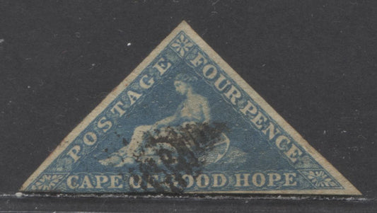 Lot 93 Cape Of Good Hope SC#4 4d Pale Blue 1855-1858 Seated Hope Issue, On White Paper, Die A, 2.5 Margins, Both Full, A Fine Used Single, Click on Listing to See ALL Pictures, Estimated Value $35 USD