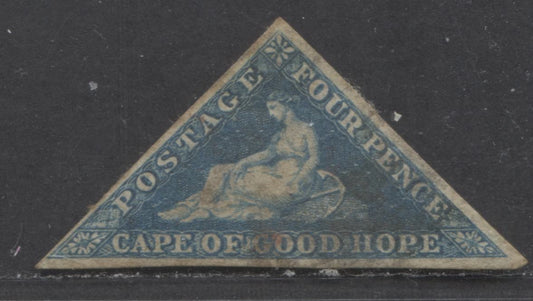 Lot 94 Cape Of Good Hope SC#4 4d Blue 1855-1858 Seated Hope Issue, On White Paper, Die B, Showing 'F' Flaw & Thinner Letters In 'NCE' Of Pence, A Fine Used Single, Click on Listing to See ALL Pictures, Estimated Value $40 USD