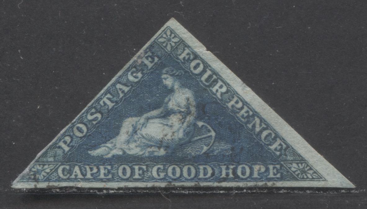 Lot 95 Cape Of Good Hope SC#4b 4d Deep Blue 1855-1858 Seated Hope Issue, On White Paper, Die B, 3 Margins, 1 Full, 1 Close, 1 Oversize, A Very Good Used Single, Click on Listing to See ALL Pictures, Estimated Value $25 USD