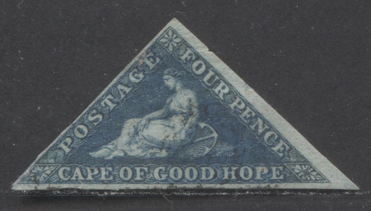 Lot 95 Cape Of Good Hope SC#4b 4d Deep Blue 1855-1858 Seated Hope Issue, On White Paper, Die B, 3 Margins, 1 Full, 1 Close, 1 Oversize, A Very Good Used Single, Click on Listing to See ALL Pictures, Estimated Value $25 USD
