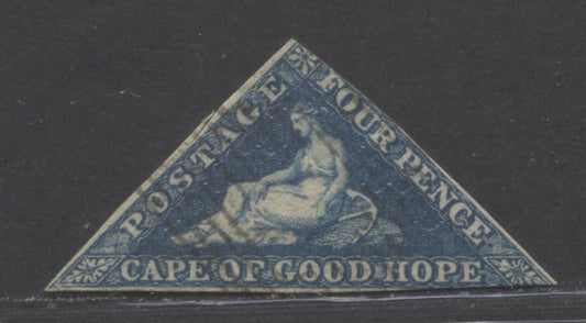 Lot 96 Cape Of Good Hope SC#4d 4d Deep Bright Blue 1855-1858 Seated Hope Issue, Die A With Thicker Letters In NCE OF Pence, Sideways Wmk, A Fair Used Single, Click on Listing to See ALL Pictures, Estimated Value $20 USD