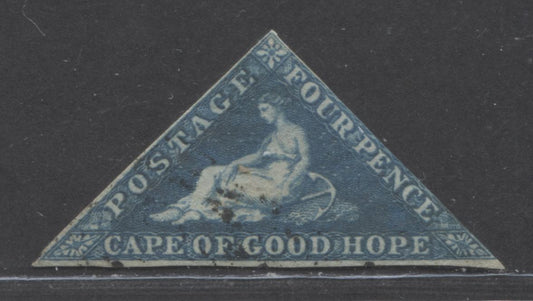 Lot 97 Cape Of Good Hope SC#4d 4d Deep Blue 1855-1858 Seated Hope Issue, On White Paper, Die B, Thinner NCE Of Pence, 2 Margins, Both Close, A Good Used Single, Click on Listing to See ALL Pictures, Estimated Value $22 USD
