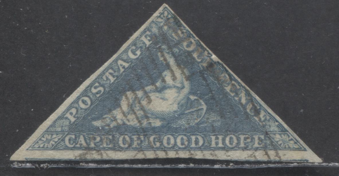 Lot 98 Cape Of Good Hope SC#4c 4d Blue 1855-1858 Seated Hope Issue, On White Paper, Expertly Repaired, Sideways Wmk, An Ungraded Single, Click on Listing to See ALL Pictures, Estimated Value $35 USD