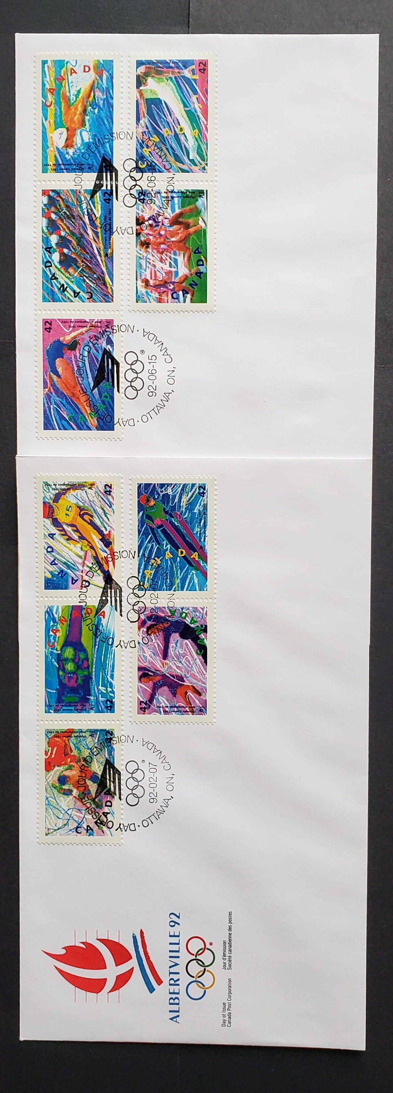Canada #1403a, 1418a 42c Multicolor 1992 Winter & Summer Olympics, 2 Canada Post FDC's Franked With Strips Of 3 & Pairs, Approx 45,000-95,000 Of Each Produced, Cat. Value $9.4