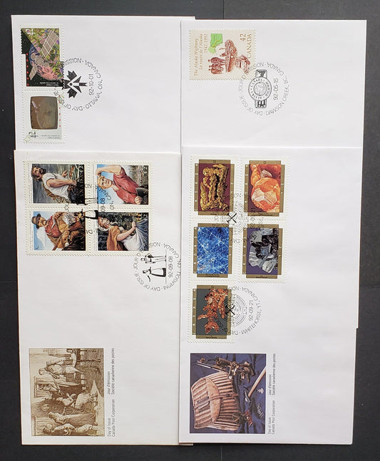 Canada #1413, 1435a, 1440a, 1442a 42c Multicolor 1992 Alaska Highway - Canada In Space Issues, 4 Canada Post FDC's Franked With Singles & Se-tenant Blocks & Strips, Approx 22,000-40,000 Of Each Produced, Cat. Value $12.1