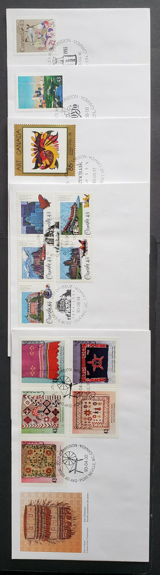 Canada #1460, 1465a, 1466, 1471a, 1484 43c & 88c Multicolor 1993 Textiles - Toronto, 5 Canada Post FDC's Franked With Singles & Strips, Approx 30,000-40,000 Of Each Produced, Cat. Value $12.9