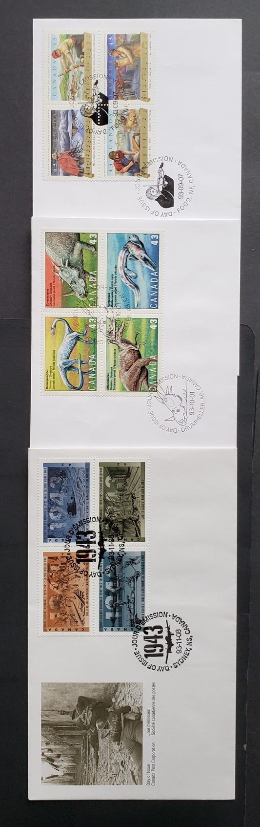 Canada #1494a, 1498a, 1506a 43c Multicolor 1993 Folklore - WW2 Issues, 3 Canada Post FDC's Franked With Blocks Of 4, Approx 30,000-60,000 Of Each Produced, Cat. Value $11.85