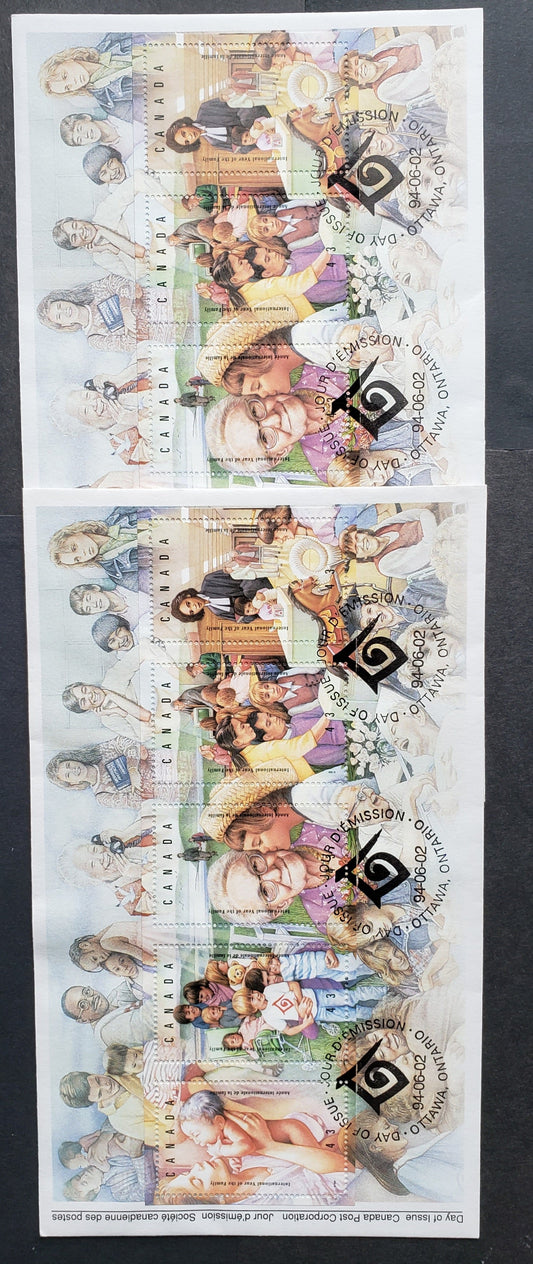 Canada #1523 43c Multicolor 1994 International Year Of Family Issue, 2 Canada Post FDC's Franked With Strips Cut From Souvenir Sheet, DF & MF Envelopes, Approx 40,000 Of These Issued, Breakdown Between The Two Types Unknown, Cat. Value $9.8